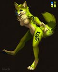  &lt;3 4_toes anthro blue_eyes blue_nose body_markings canine digitigrade falvie female fionbri fur green_body green_fur hands_behind_back hindpaw looking_at_viewer mammal markings multi-colored_body nude on_one_leg paws plain_background pose simple_background solo standing tattoo toes 