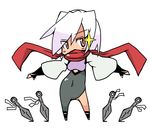  armor asymmetrical_clothes asymmetrical_legwear bodysuit breasts chibi hattori_hanzo_uruka hiya_(dkr) japanese_armor kote kunai medium_breasts ninja red_eyes scarf short_hair solo weapon white_hair yatagarasu_(game) 