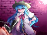 1girl bad_id bad_pixiv_id blue_hair boots chain commentary cum femdom hammer_(sunset_beach) hat hetero hinanawi_tenshi long_hair penis role_reversal sadism smile touhou trample 