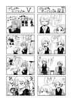  4koma assam beamed_eighth_notes blush braid ceylon_(teatea) closed_eyes comic darjeeling dress_shirt eighth_note girls_und_panzer greyscale heart highres microphone monochrome multiple_girls music musical_note necktie open_mouth orange_pekoe rukuriri school_uniform shirt short_hair singing sitting smile speech_bubble st._gloriana's_school_uniform sweater translated twin_braids uniform 