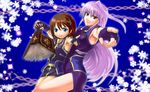  armpits bare_shoulders blue_eyes brown_hair fingerless_gloves gloves hair_ornament hair_ribbon highres holding_hands long_hair lyrical_nanoha magical_girl mahou_shoujo_lyrical_nanoha mahou_shoujo_lyrical_nanoha_a's mahou_shoujo_lyrical_nanoha_the_movie_2nd_a's multiple_girls no_jacket pointing red_eyes reinforce ribbon short_hair silver_hair skirt sleeveless snowflakes syoujinn tome_of_the_night_sky x_hair_ornament yagami_hayate 