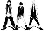  3boys alternate_costume lapel_pin male male_focus marco monkey_d_luffy monochrome multiple_boys one_piece portgas_d_ace re_degrees_(red_flagship) reâ° standing whitebeard_pirates 
