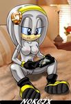  2012 big_nipples black_nose blue_eyes breasts clitoris female grey_body grey_hair hair headphones looking_at_viewer navel nipples nockix nude paws pussy sega short_hair sitting smile solo sonic_(series) spread_legs spreading thighs wide_hips zeta_the_echidna 