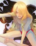  1boy barefoot blonde_hair blue_eyes cigarette crossdressing hair_over_one_eye long_hair looking_at_viewer male one_piece pixiv_thumbnail resized sanji sitting smoking solo topless trap wig 