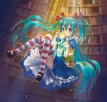  aqua_hair blush book bookshelf cup dress floating hair_ribbon hatsune_miku headphones holding light_particles long_hair mary_janes necktie petticoat ribbon shoes smile solo striped striped_legwear sunlight teacup thighhighs twintails very_long_hair vocaloid yamori_(stom) 