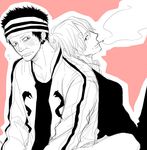  2boys aya_(6335) back-to-back back_to_back color_background east_blue gin_(one_piece) headband male male_focus multiple_boys one_piece sanji smoking 