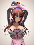  arm_up blue_eyes bodysuit breasts cleavage glasses hairband highres large_breasts long_hair looking_at_viewer makinami_mari_illustrious neon_genesis_evangelion open_clothes pink_bodysuit plugsuit rebuild_of_evangelion sideboob siraha smile solo 