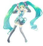  arms_up bad_id bad_pixiv_id boots detached_sleeves green_eyes green_hair hatsune_miku headset long_hair necktie q-chiang simple_background skirt smile solo thigh_boots thighhighs twintails very_long_hair vocaloid white_background 