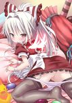  alternate_costume ass bird blush bow candy chicken enmaided fiery_wings food fujiwara_no_mokou garter_straps givuchoko hair_bow highres long_hair maid panties panty_pull pillow ponytail puffy_sleeves red_eyes short_sleeves silver_hair solo tears touhou underwear white_panties wings wrist_cuffs 