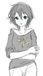  bare_shoulders blue_eyes copyright_request greyscale monochrome pasikon personification short_hair sketch solo 