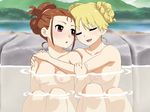  blonde_hair blush breasts brown_hair closed_eyes green_eyes hisakawa_riho hoshii_miki hug idolmaster idolmaster_(classic) large_breasts minase_iori multiple_girls nipples nude onsen purple_eyes sitting water yuri 