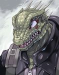  caiman cross dorohedoro facial_mark hijirino_yuuta lizard male_focus open_mouth sharp_teeth solo spikes teeth zipper 