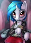  belt chair clothing cute dazko drink equine female feral friendship_is_magic fur hair horn horse jewelry leather_jacket mammal movies my_little_pony necklace pony popcorn red_eyes skirt solo straw sucking two_tone_hair unicorn vinyl_scratch_(mlp) white_fur 