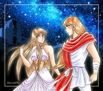  1boy 1girl aries_mu aries_muu athena breasts cleavage dress goddess greece greek illustration kido_saori kidou_saori kurumada_masami lemurian long_hair saint_seiya very_long_hair 