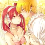  1girl ali_baba_saluja bare_shoulders blonde_hair blush breasts cleavage collarbone couple earrings eye_contact flower hairband hetero holding_hands jewelry long_hair looking_at_another magi_the_labyrinth_of_magic medium_breasts morgiana ocha_(hutuumikan) one_side_up red_eyes red_hair yellow_eyes 