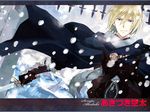  1boy akagami_no_shirayukihime armor beads blonde_hair blue_eyes cape clasp fur_trim gate gauntlets gloves highres horse izana_wistalia jewelry male male_focus mountain mountains official_art outdoors prince riding scarf snow solo sorata_akiduki sword wallpaper weapon 