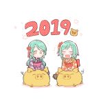  2019 2girls :d ^_^ aqua_hair bang_dream! blush bow bowwow_(hamju94) chinese_zodiac closed_eyes eyes_closed floral_print flower geta green_eyes hair_bow hair_flower hair_ornament hikawa_hina hikawa_sayo japanese_clothes kimono multiple_girls new_year notice_lines obi open_mouth orange_kimono pig purple_kimono red_flower sash siblings side_braids sisters sitting_on_animal smile solo twins white_background year_of_the_pig yellow_bow 