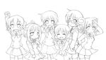  blush closed_eyes glasses greyscale hidamari_sketch highres hiro lineart miyako monochrome multiple_girls nazuna nori patiro sae school_uniform skirt smile yuno 