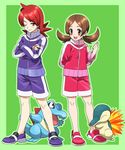  1boy 1girl androgynous bream-tan brown_hair couple cyndaquil kotone_(pokemon) long_hair pigtails pokemon pokemon_(game) pokemon_hgss red_hair short_twintails silver_(pokemon) totodile twintails 