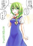  alternate_hairstyle blue_dress blush braid breasts daiyousei dress fairy_wings green_eyes green_hair hair_ribbon hakano_shinshi hand_on_own_chest long_hair looking_at_viewer medium_breasts open_mouth pointy_ears ribbon shirt short_sleeves side_braid solo touhou translated wings 