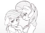  anthro anthrofied applejack_(mlp) black_and_white bra cleavage clothed clothing crying duo equine eyelashes eyeshadow female freckles friendship_is_magic hair hand_on_chin horn horse makeup mammal monochrome mrwes326 my_little_pony necklace pegasus pony rarity_(mlp) sad scootaloo_(mlp) tears underwear unicorn upset wings 