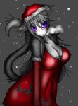  black black_hair blue blush breasts cat christmas cleavage clothed clothing feline female furry gloves hair hat holidays korarubi kyora large_breasts long_hair looking_at_viewer mammal red santa_hat smile snow snowing steam tail whiskers 