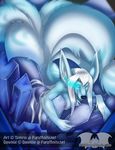  animal_ears anthro blue_eyes breasts butt canine chest_tuft crystal cyan_fur dawniie female fox fur glowing glowing_eyes hair ice invalid_tag long_hair looking_at_viewer lounge mammal multiple_tails nude temrin tuft white_fur white_hair 