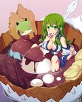  :p banana blush breasts chocolate cleavage detached_sleeves eating finger_to_mouth food frog_hair_ornament fruit green_eyes green_hair hair_ornament hair_tubes highres ice_cream ice_cream_cone in_food kochiya_sanae large_breasts long_hair minigirl oversized_object pocky skirt smile snake_hair_ornament solo spoon tachibana_(tach011194) tongue tongue_out touhou 