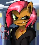 babs_seed_(mlp) building city clothed clothing cloud ear_piercing english_text equine evil facial_piercing female freckles friendship_is_magic green_eyes hair hoodie horse lip_piercing mammal manehattan moonveil multi-colored_hair my_little_pony outside piercing pony purple_hair red_hair sky smile text 