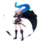  armor arrow bad_id bad_pixiv_id belt blue_scarf boots cape fingerless_gloves gloves hwansang knee_boots original pauldrons pointy_ears purple_eyes quiver scabbard scarf sheath short_hair short_sword shorts silver_hair solo standing sword vambraces weapon 