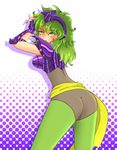  armor ass back bad_id bad_pixiv_id breastplate breasts green_eyes green_hair green_legwear grey_leotard leotard long_hair looking_back mask mask_removed medium_breasts ophiuchus_shaina pantyhose saint_seiya sash shoulder_pads solo tiara 