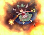  arm_cannon black_legwear bow brown_hair cape fire grin hair_bow highres kneehighs long_hair miruki red_eyes reiuji_utsuho revision smile solo third_eye touhou weapon wings 