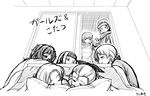  assam braid caesar_(girls_und_panzer) closed_eyes coat darjeeling erwin_(girls_und_panzer) girls_und_panzer greyscale hair_ribbon hat headband kotatsu long_hair monochrome multiple_girls nishino_eiichi orange_pekoe oryou_(girls_und_panzer) peaked_cap pillow ribbon saemonza short_hair sitting sleeping table 