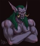  abstract beard biceps black_background facial_hair green_hair hair human invalid_background male mammal muscles nipples nude pecs piercing plain_background purple_skin red_eyes scar smile solo tusk video_games warcraft world_of_warcraft 