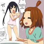  2girls =_= a1 black_hair brown_eyes brown_hair camisole chemise clothes_writing eyes_closed gluteal_fold hard_translated hirasawa_yui k-on! long_hair multiple_girls nakano_azusa open_mouth panties ponytail shirt short_hair sweat toilet translated twintails underwear very_long_hair 