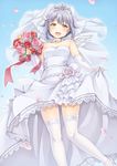  :d blush bouquet dress elbow_gloves flower gloves highres idolmaster idolmaster_cinderella_girls k.y_ko koshimizu_sachiko looking_at_viewer open_mouth petals short_hair silver_hair smile solo thighhighs tiara veil wedding_dress white_gloves white_legwear wings yellow_eyes 