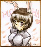  animal_ears brave_witches breasts brown_hair bunny_ears bunny_tail heart large_breasts masana_hatuse shikishi shimohara_sadako short_hair smile solo tail traditional_media world_witches_series 