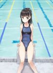  bad_id bad_pixiv_id black_eyes black_hair blush cameltoe competition_swimsuit drain_(object) expressionless fujita_hidetoshi highleg highleg_swimsuit highres lane_line looking_at_viewer one-piece_swimsuit original perspective pool poolside short_hair sitting solo speedo_(company) starting_block swimsuit water 
