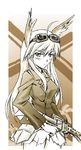  animal_ears blush goggles goggles_on_head gun hanna-justina_marseille long_hair masana_hatuse monochrome solo strike_witches weapon world_witches_series 