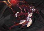  absurdres akali blood blood_moon_akali breasts cleavage deathklovc dual_wielding highres holding large_breasts league_of_legends long_hair mask open_eyes ponytail red_eyes red_hair solo squinting torn_clothes tree very_long_hair weapon 