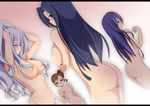  adjusting_hair arms_up ass blush breast_envy breasts brown_hair censored flat_chest futami_mami groin hair_over_breasts hair_up idolmaster idolmaster_(classic) kisaragi_chihaya large_breasts letterboxed long_hair looking_at_viewer looking_back michitose_michiru miura_azusa multiple_girls nude purple_hair red_eyes shijou_takane side_ponytail silver_hair simple_background underboob 