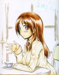  blush brown_eyes brown_hair long_hair looking_at_viewer masana_hatuse minna-dietlinde_wilcke shikishi smile solo strike_witches traditional_media world_witches_series 
