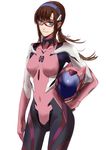  absurdres animal_helmet blue_eyes bodysuit brown_hair citemer covered_navel evangelion:_3.0_you_can_(not)_redo glasses hairband headwear_removed helmet helmet_removed highres holding holding_helmet long_hair makinami_mari_illustrious neon_genesis_evangelion pink_bodysuit plugsuit rebuild_of_evangelion simple_background smile solo twintails 