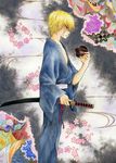  aoi_yuuka_(ao_no_kokoro) blonde_hair flower gundam gundam_00 male_focus mister_bushido profile scar solo sword traditional_media watercolor_(medium) weapon 