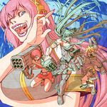  4girls aqua_hair armband brass_knuckles breasts fingernails hatsune_miku highres hitotose_rin huge_weapon kagamine_len kagamine_rin large_breasts laughing long_hair megurine_luka meiko multiple_girls muscle necktie ojou-sama_pose open_mouth pink_hair revision rocket_launcher sharp_teeth squatting teeth torn_clothes twintails very_long_hair vocaloid weapon 