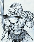  biceps bulge claws clothed clothing fangs half-dressed lizard loincloth male monochrome muscles pecs plain_background reptile scales scalie scar sketch solo sword toned topless underwear vein weapon 