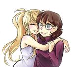  2girls blonde_hair blush brown_hair fullmetal_alchemist glasses hug multiple_girls ponytail sheska winry_rockbell 