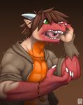  biceps body bracelet brown_hair claws clothing dorns dragon drooling eyes fangs gillpanda green_eyes hair horn human jewelry male mammal muscles necklace open_mouth open_shirt orange_skin pecs red_skin reptile ripped saliva scales scalie shirt solo teeth tongue torn_clothing transformation 