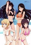  4girls :&lt; absurdres arm_up armpits bikini black_hair blonde_hair blue_eyes breasts brown_eyes brown_hair cleavage crossed_arms front-tie_top fukiyose_seiri hair_ribbon hand_on_hip highres hips itsuwa kanzaki_kaori long_hair megami multiple_girls official_art orsola_aquinas purple_eyes purple_hair ribbon shinohara_kenji short_hair side-tie_bikini string_bikini swimsuit to_aru_majutsu_no_index ursula_aquinas very_long_hair 