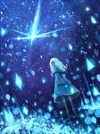  black_eyes boots capelet dress dutch_angle expressionless flower highres looking_back night night_sky original sakimori_(hououbds) scenery sky solo star_(sky) starry_sky white_hair 